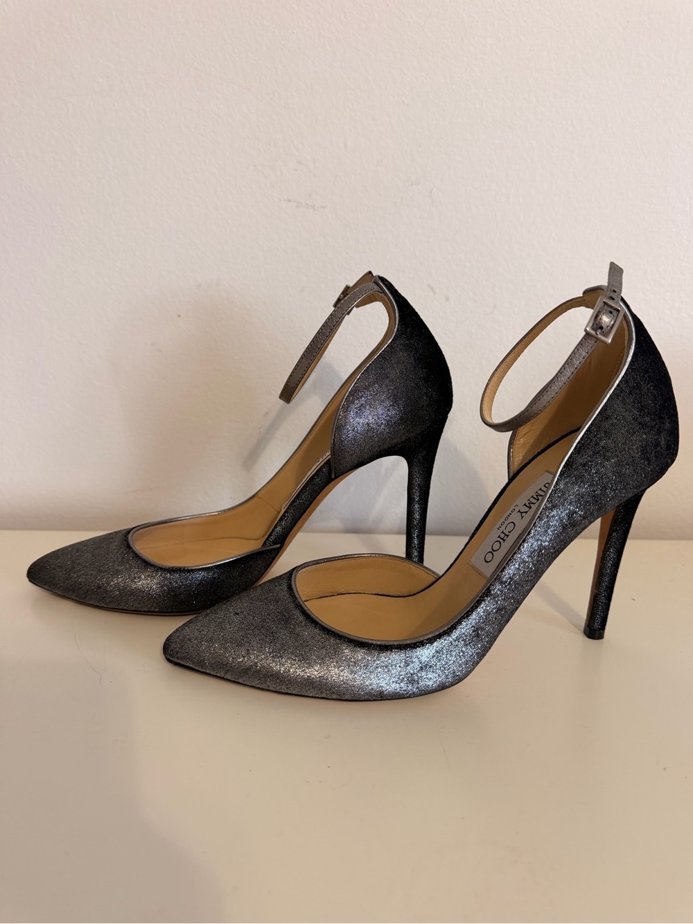 JIMMY CHOO Metallic Glittery Pointed-Toe Ankle-Strap Heels Size 38 (US 8)